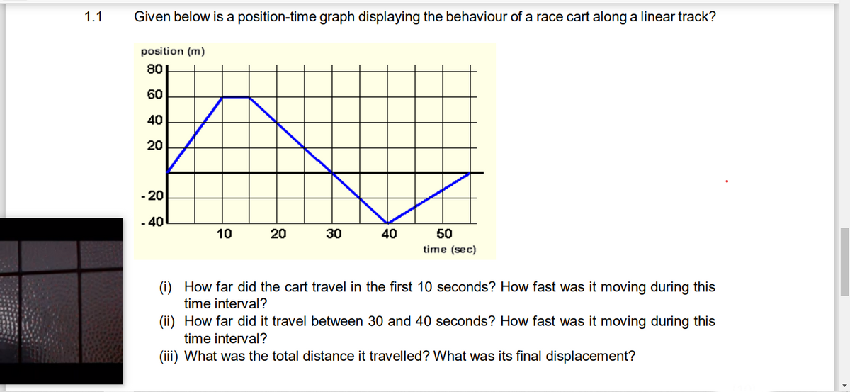 1.1
Given below is a position-time graph displaying the behaviour of a race cart along a linear track?
position (m)
80
60
40
20
- 20
-40
10
20
30
40
50
time (sec)
(i) How far did the cart travel in the first 10 seconds? How fast was it moving during this
time interval?
(ii) How far did it travel between 30 and 40 seconds? How fast was it moving during this
time interval?
(iii) What was the total distance it travelled? What was its final displacement?
