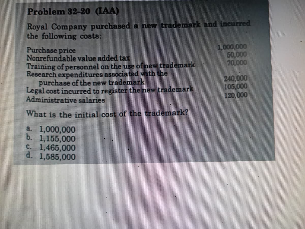 Problem 32-20 (IAA)
Royal Company purchased a new trademark and incurred
the following costs:
1,000,000
50,000
70,000
Purchase price
Nonrefundable value added tax
Training of personnel on the use of new trademark
Research expenditures associated with the
purchase of the new trademark
Legal cost incurred to register the new trademark
Administrative salaries
240,000
105,000
120,000
What is the initial cost of the trademark?
a. 1,000,000
b. 1,155,000
C. 1,465,000
d. 1,585,000
