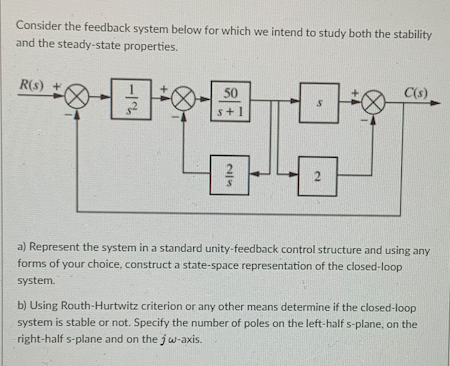 Consider the feedback system below for which we intend to study both the stability
and the steady-state properties.
R(s) +
50
C(s)
2
s+1
a) Represent the system in a standard unity-feedback control structure and using any
forms of your choice, construct a state-space representation of the closed-loop
system.
b) Using Routh-Hurtwitz criterion or any other means determine if the closed-loop
system is stable or not. Specify the number of poles on the left-half s-plane, on the
right-half s-plane and on the j w-axis.
