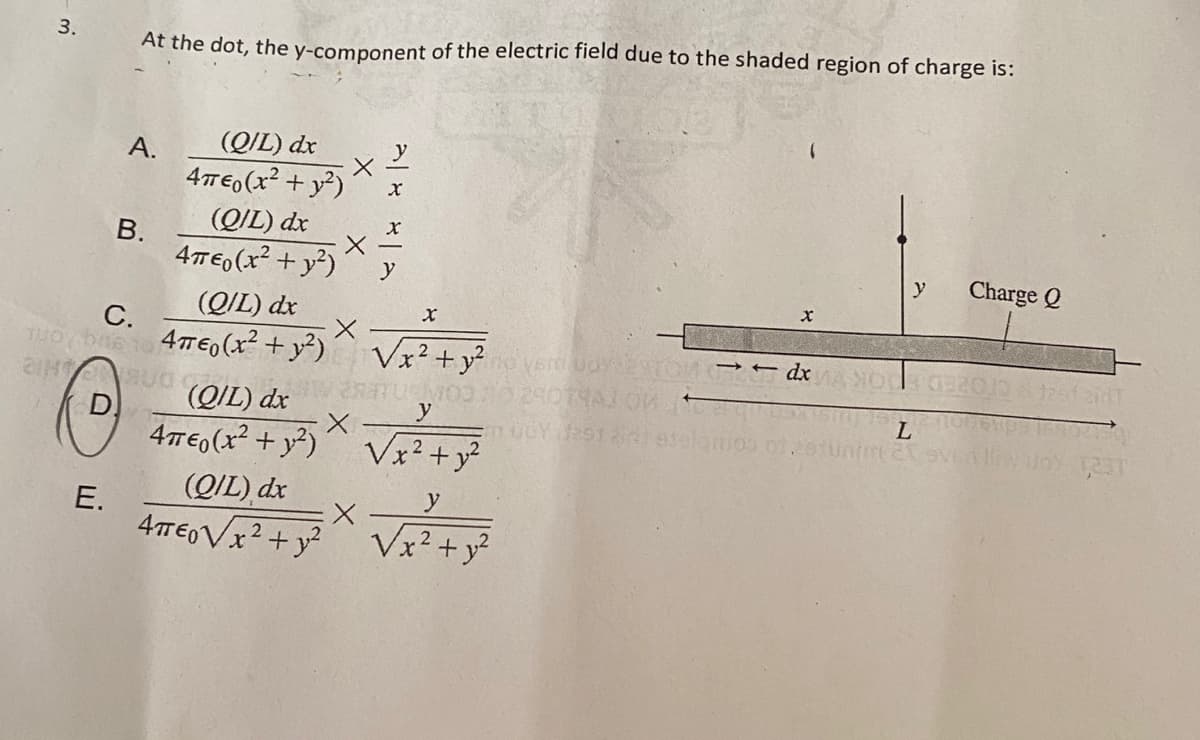 3.
At the dot, the y-component of the electric field due to the shaded region of charge is:
(QIL) dx
А.
4TE0 (x² + y³)
(Q/L) dx
В.
4TE6(x² + y²)
y
y
Charge Q
(Q/L) dx
C.
Tuoy bae to 47E,(x² + y²)
Vx²+y²s uoTo dx
240THAJ OK
D.
(QIL) dx
L
y
4TE, (x + y²)
Vx? +y?
2
(OIL) dx
y
E.
4TEG Vx?+ y?
Vx? + y?
