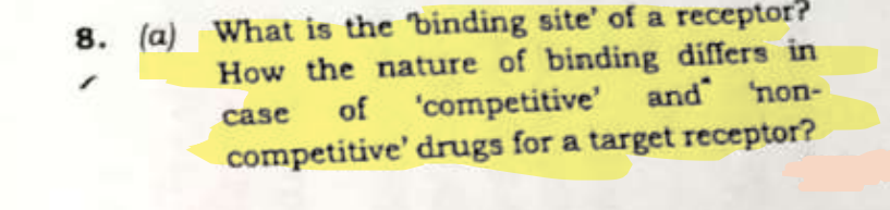 8. (a) What is the binding site' of a receptor?
How the nature of binding differs in
case of 'competitive' and
competitive' drugs for a target receptor?
non-