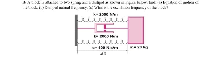 B/ A block is attached to two spring and a dashpot as shown in Figure below, find: (a) Equation of motion of
the block, (b) Damped natural frequency, (c) What is the oscillation frequency of the block?
k= 2000 N/m
k= 2000 N/m
eelwe
c= 100 N.s/m
m= 20 kg
