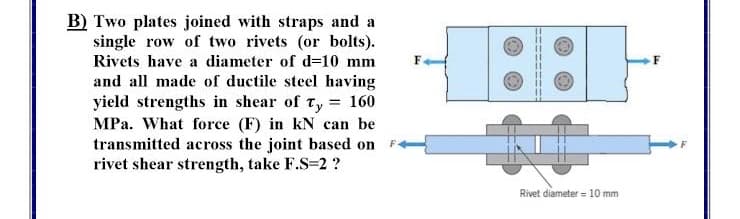 B) Two plates joined with straps and a
single row of two rivets (or bolts).
Rivets have a diameter of d=10 mm
and all made of ductile steel having
yield strengths in shear of ty = 160
MPa. What force (F) in kN can be
transmitted across the joint based on
rivet shear strength, take F.S=2 ?
%3D
Rivet diameter = 10 mm
