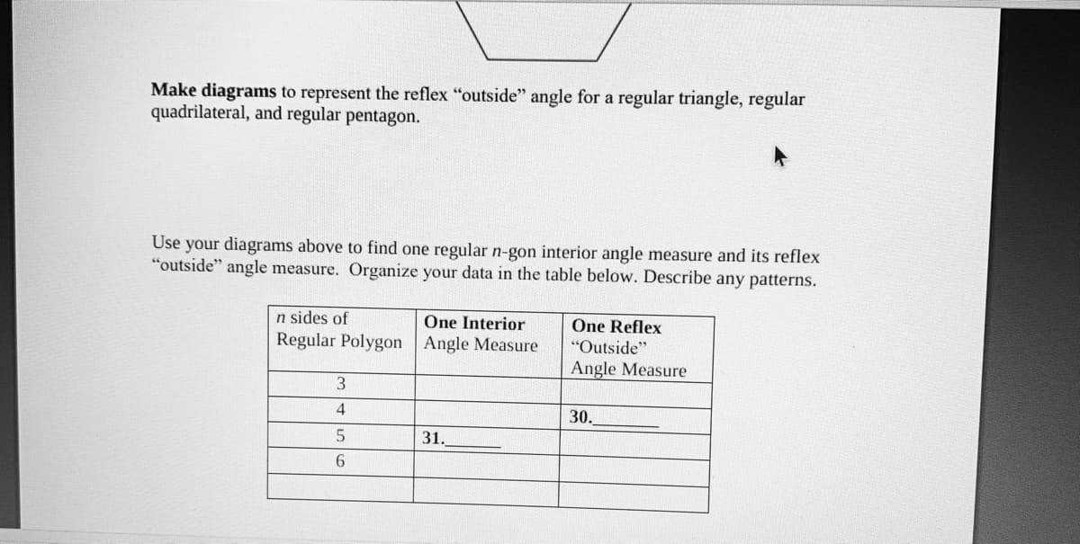 Make diagrams to represent the reflex "outside" angle for a regular triangle, regular
quadrilateral, and regular pentagon.
Use your diagrams above to find one regular n-gon interior angle measure and its reflex
"outside" angle measure. Organize your data in the table below. Describe any patterns.
n sides of
One Interior
Regular Polygon Angle Measure
One Reflex
"Outside"
Angle Measure
4
30.
31.
6.
