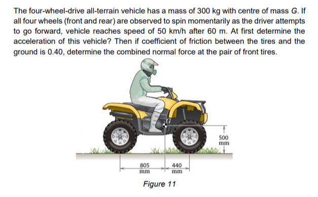 The four-wheel-drive all-terrain vehicle has a mass of 300 kg with centre of mass G. If
all four wheels (front and rear) are observed to spin momentarily as the driver attempts
to go forward, vehicle reaches speed of 50 km/h after 60 m. At first determine the
acceleration of this vehicle? Then if coefficient of friction between the tires and the
ground is 0.40, determine the combined normal force at the pair of front tires.
805
mm
440
mm
Figure 11
500
mm