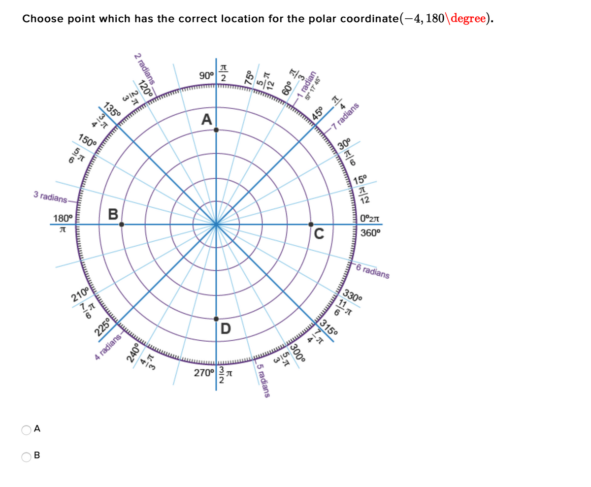 Choose point which has the correct location for the polar coordinate(-4, 180\degree).
90° 2
W/N
45° I
7 radians
A
150°
30°
3 radians-
15°
180°
12
0°2T
360°
-6 radians
210°
330°
11 A
225°
315°
D
4 radians-
4/3
270°T
A
В
009
57° 17' 45°
-1 radian
2 radians.
120°
135°
7
300
L5 radians
240°
