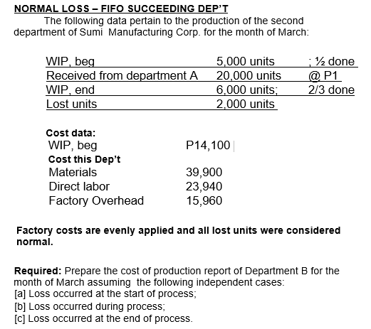 NORMAL LOSS – FIFO SUCCEEDING DEP'T
The following data pertain to the production of the second
department of Sumi Manufacturing Corp. for the month of March:
WIP, beg
Received from department A
WIP, end
Lost units
5,000 units
20,000 units
6,000 units;
2,000 units
:½ done
@ P1
2/3 done
Cost data:
P14,100||
WIP, beg
Cost this Dep't
Materials
39,900
23,940
15,960
Direct labor
Factory Overhead
Factory costs are evenly applied and all lost units were considered
normal.
Required: Prepare the cost of production report of Department B for the
month of March assuming the following independent cases:
[a] Loss occurred at the start of process;
[b] Loss occurred during process;
[c] Loss occurred at the end of process.

