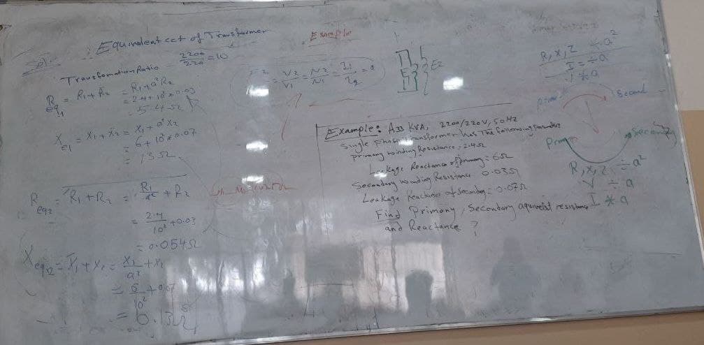 Equivalent cet ofTrans fimer
Trausfomatiom Ratio
R= R A
Rx,Za
EXample: A33 kVA, 2200/22o v, SoHz
Sungle Fhak nsformer has The fenont fake
Primy inding Resicianse 242
Lekage Renchame rfn: 6
Pr
24
Find Primony Secenberm aquelat resink *a
and Reactance 7
- 0542
