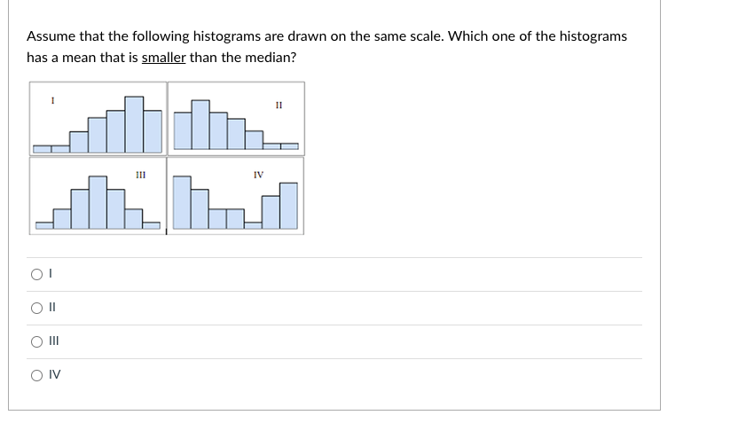 Assume that the following histograms are drawn on the same scale. Which one of the histograms
has a mean that is smaller than the median?
III
IV
II
O IV

