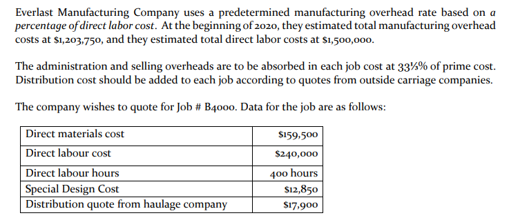 Everlast Manufacturing Company uses a predetermined manufacturing overhead rate based on a
percentage of direct labor cost. At the beginning of 2020, they estimated total manufacturing overhead
costs at $1,203,750, and they estimated total direct labor costs at $1,500,00o.
The administration and selling overheads are to be absorbed in each job cost at 33%% of prime cost.
Distribution cost should be added to each job according to quotes from outside carriage companies.
The company wishes to quote for Job # B4000. Data for the job are as follows:
Direct materials cost
$159,500
Direct labour cost
$240,000
Direct labour hours
400 hours
Special Design Cost
Distribution quote from haulage company
$12,850
$17,900
