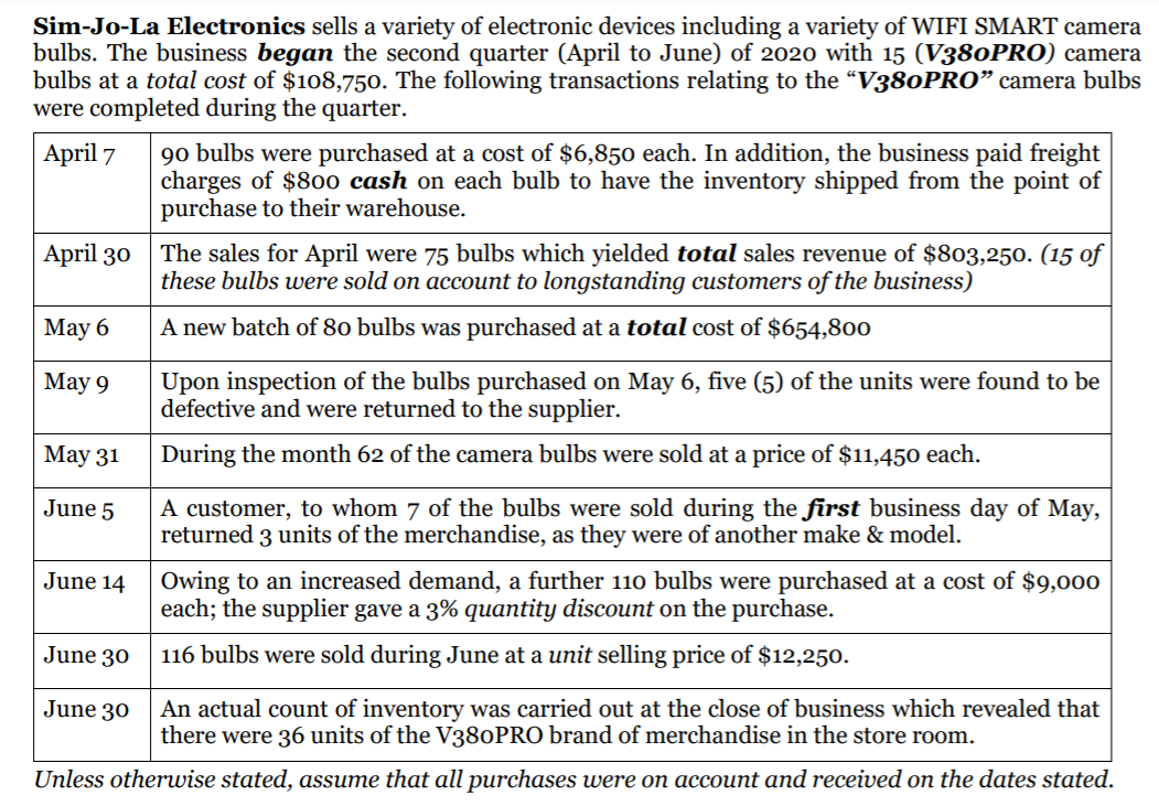 Sim-Jo-La Electronics sells a variety of electronic devices including a variety of WIFI SMART camera
bulbs. The business began the second quarter (April to June) of 2020 with 15 (V380PRO) camera
bulbs at a total cost of $108,750. The following transactions relating to the “V380PRO" camera bulbs
were completed during the quarter.
90 bulbs were purchased at a cost of $6,850 each. In addition, the business paid freight
charges of $800 cash on each bulb to have the inventory shipped from the point of
purchase to their warehouse.
April 7
April 30
The sales for April were 75 bulbs which yielded total sales revenue of $803,250. (15 of
these bulbs were sold on account to longstanding customers of the business)
May 6
A new batch of 80 bulbs was purchased at a total cost of $654,800
Мay 9
Upon inspection of the bulbs purchased on May 6, five (5) of the units were found to be
defective and were returned to the supplier.
May 31
During the month 62 of the camera bulbs were sold at a price of $11,450 each.
A customer, to whom 7 of the bulbs were sold during the first business day of May,
returned 3 units of the merchandise, as they were of another make & model.
June 5
June 14
Owing to an increased demand, a further 110 bulbs were purchased at a cost of $9,000
each; the supplier gave a 3% quantity discount on the purchase.
June 30
116 bulbs were sold during June at a unit selling price of $12,250.
An actual count of inventory was carried out at the close of business which revealed that
there were 36 units of the V380PRO brand of merchandise in the store room.
June 30
Unless otherwise stated, assume that all purchases were on account and received on the dates stated.
