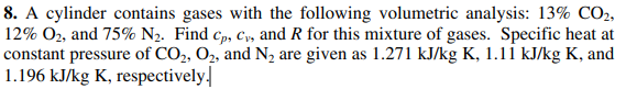 8. A cylinder contains gases with the following volumetric analysis: 13% CO2,
12% O2, and 75% N2. Find cp, Cy, and R for this mixture of gases. Specific heat at
constant pressure of CO2, O2, and N, are given as 1.271 kJ/kg K, 1.11 kJ/kg K, and
1.196 kJ/kg K, respectively.
