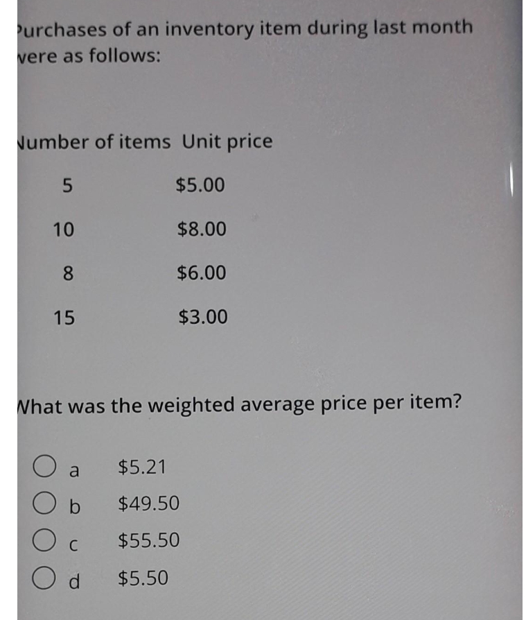 Purchases of an inventory item during last month
vere as follows:
Number of items Unit price
$5.00
5
10
8
15
$8.00
$6.00
$3.00
What was the weighted average price per item?
O a
Ob
O c
Od
$5.21
$49.50
$55.50
$5.50