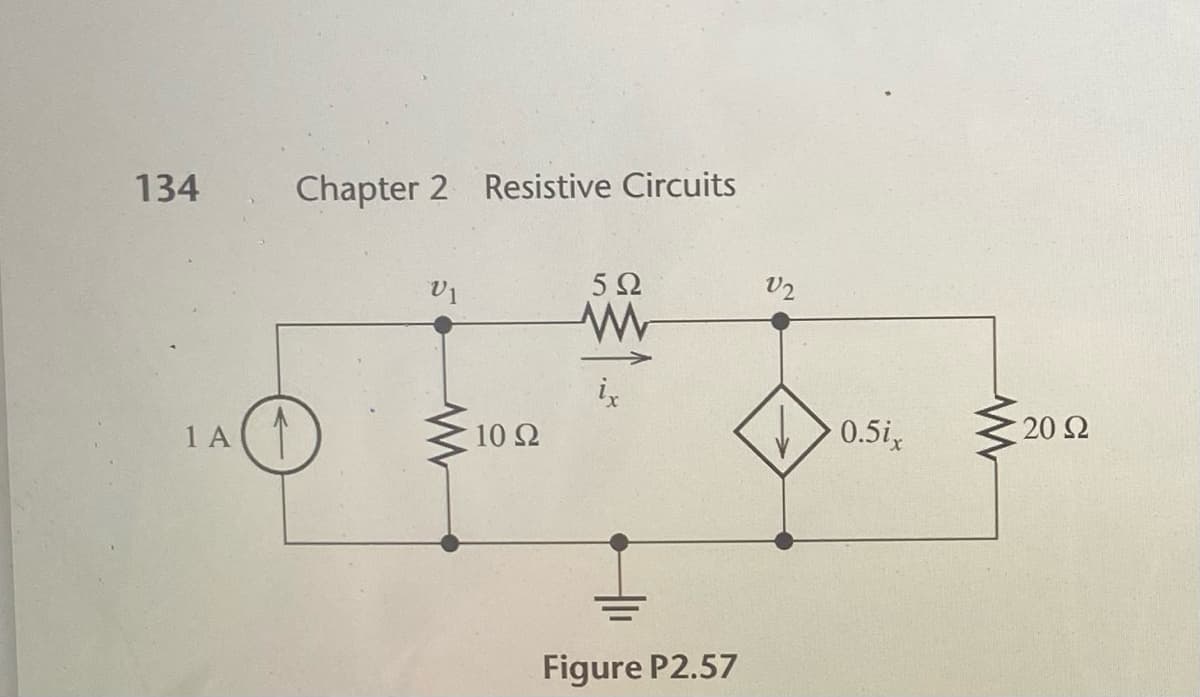 134
Chapter 2 Resistive Circuits
5 Ω
V2
1 A
10 Ω
0.5i
- 20 Ω
Figure P2.57
