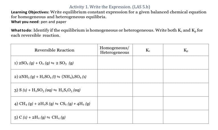 Activity 1. Write the Expression. (LAS 5.b)
Learning Objectives: Write equilibrium constant expression for a given balanced chemical equation
for homogeneous and heterogeneous equilibria.
What you need: pen and paper
Whattodo: Identify if the equilibrium is homogeneous or heterogeneous. Write both K, and Kp for
each reversible reaction.
Homogeneous/
Heterogeneous
Reversible Reaction
Ke
Kp
1) 2SO2 (g) + O2 (g) = 2 SO3 (g)
2) 2NH3 (g) + H2SO, (1) – (NH,)-SO4 (s)
3) S (s) + H,SO, (aq) = H,S¿O, (aq)
4) CH4 (g) + 2H2S (g) = CS2 (g) + 4H2 (g)
5) C (s) + 2H2 (g) = CH4 (g)

