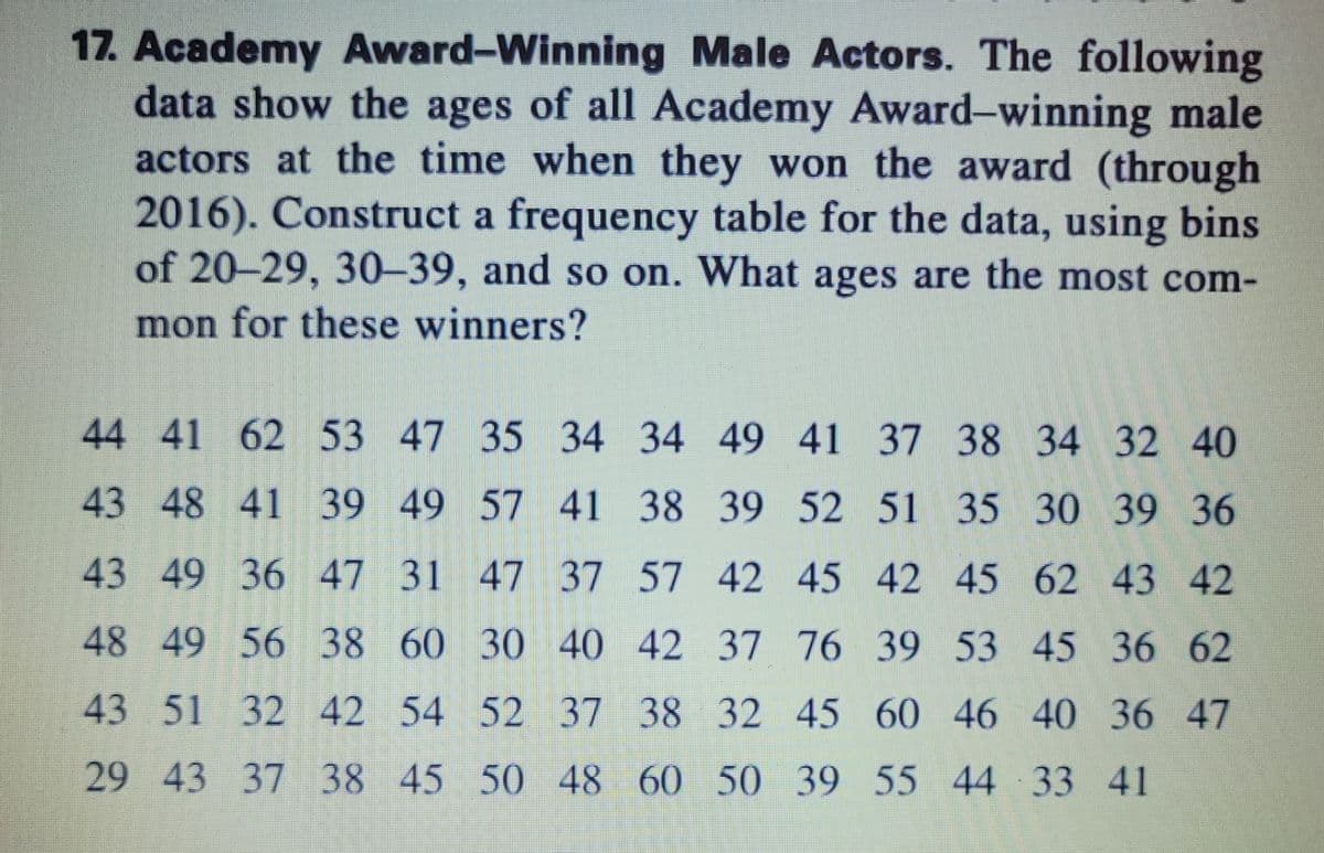 17. Academy Award-Winning Male Actors. The following
data show the ages of all Academy Award-winning male
actors at the time when they won the award (through
2016). Construct a frequency table for the data, using bins
of 20-29, 30-39, and so on. What ages are the most com-
mon for these winners?
44 41 62 53 47 35 34 34 49 41 37 38 34 32 40
43 48 41 39 49 57 41 38 39 52 51 35 30 39 36
43 49 36 47 31 47 37 57 42 45
42 45 62 43 42
48 49 56 38 60 30 40 42 37 76 39 53 45 36 62
43 51 32 42 54 52 37 38 32 45
60 46 40 36 47
29 43 37 38 45 50 48 60 50 39 55 44 33 41
