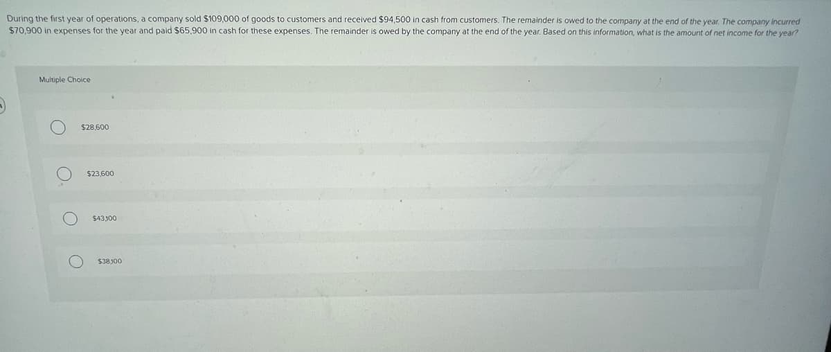 During the first year of operations, a company sold $109,000 of goods to customers and received $94,500 in cash from customers. The remainder is owed to the company at the end of the year. The company incurred
$70,900 in expenses for the year and paid $65,900 in cash for these expenses. The remainder is owed by the company at the end of the year. Based on this information, what is the amount of net income for the year?
Multiple Choice
O
O
$28,600
O
$23,600
$43,100
$38,100