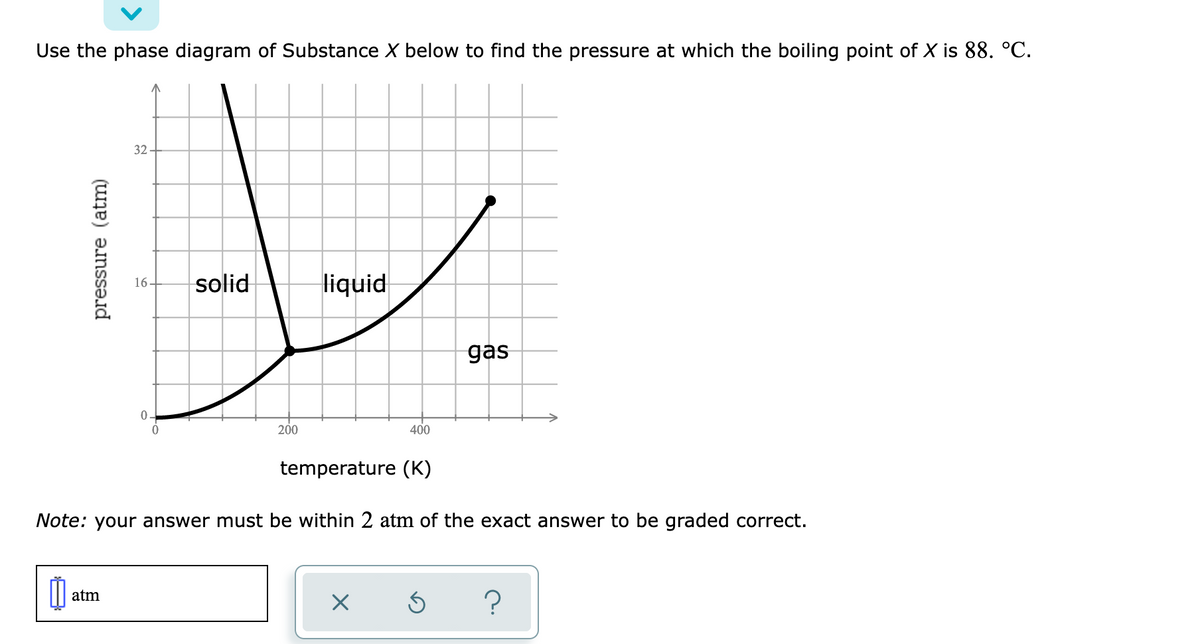 Use the phase diagram of Substance X below to find the pressure at which the boiling point of X is 88. °C.
32
solid
liquid
16-
gas
200
400
temperature (K)
Note: your answer must be within 2 atm of the exact answer to be graded correct.
atm
pressure (atm)

