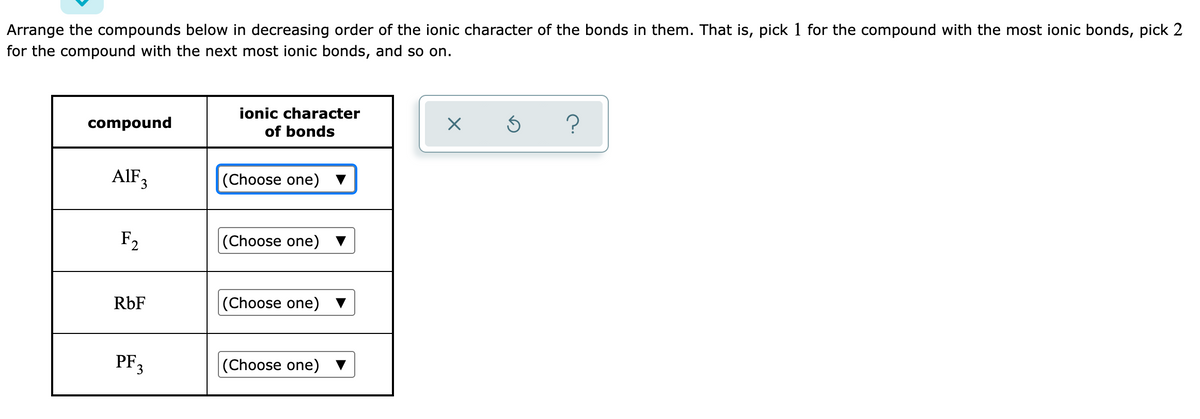 Arrange the compounds below in decreasing order of the ionic character of the bonds in them. That is, pick 1 for the compound with the most ionic bonds, pick 2
for the compound with the next most ionic bonds, and so on.
ionic character
?
compound
of bonds
AlF 3
(Choose one)
F2
|(Choose one)
RbF
|(Choose one) ▼
PF3
(Choose one)
