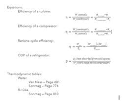 Equations
Efficiency of a turbine
Efficiency of a compression
Rankine cycle efficiency:
COP of a refrigerator
Thermodynamic tables
Water
R134
Van Ness - Page 681
Sonntag - Page 776
Sonntag - Page 810
w()
red from p