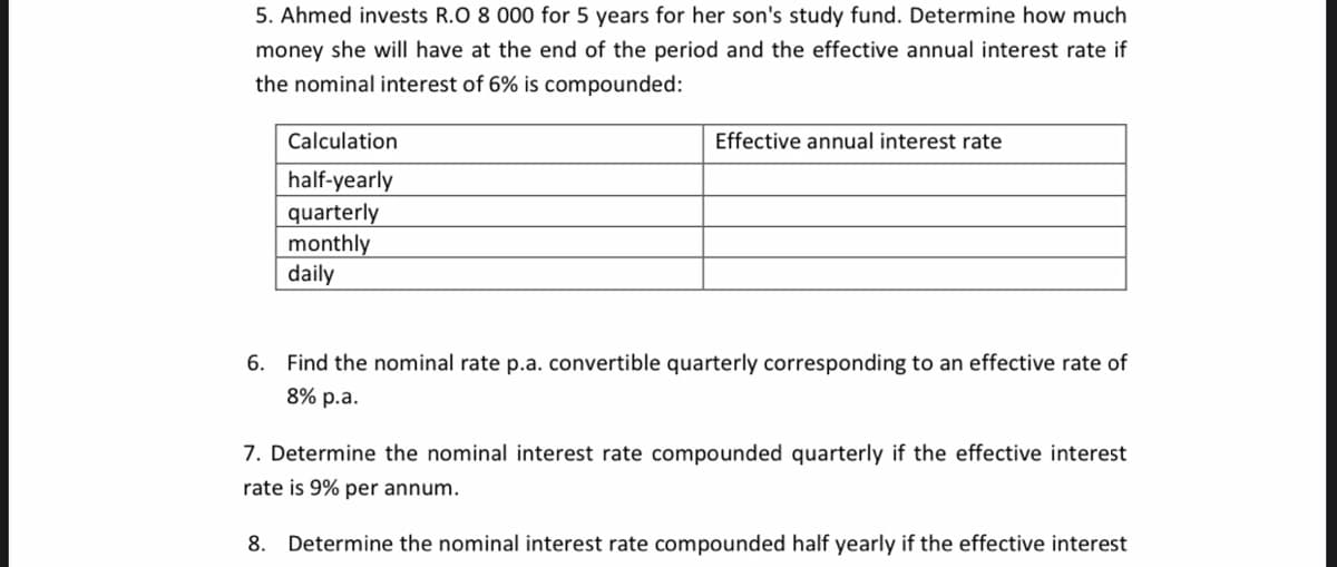 5. Ahmed invests R.O 8 000 for 5 years for her son's study fund. Determine how much
money she will have at the end of the period and the effective annual interest rate if
the nominal interest of 6% is compounded:
Calculation
Effective annual interest rate
half-yearly
quarterly
monthly
daily
6. Find the nominal rate p.a. convertible quarterly corresponding to an effective rate of
8% p.a.
7. Determine the nominal interest rate compounded quarterly if the effective interest
rate is 9% per annum.
8.
Determine the nominal interest rate compounded half yearly if the effective interest
