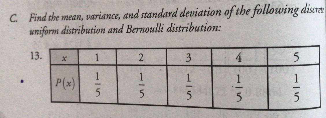 C. Find the mean, variance, and standard deviation of the following discret
uniform distribution and Bernoulli distribution:
13.
2
P(x)
115
4.
115
3115
115
115
