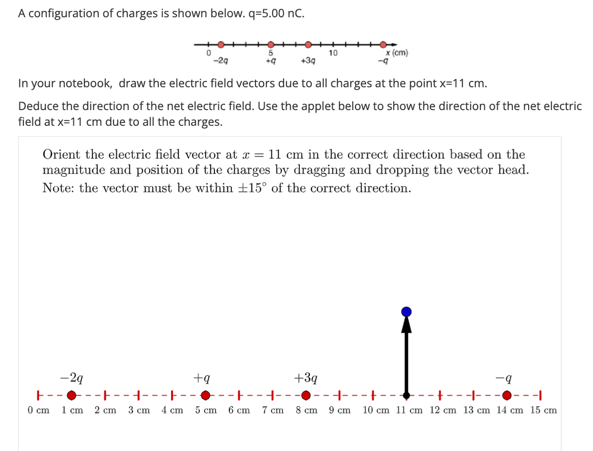 A configuration of charges is shown below. q-5.00 nC.
0 cm
-2q
+3q
In your notebook, draw the electric field vectors due to all charges at the point x=11 cm.
Deduce the direction of the net electric field. Use the applet below to show the direction of the net electric
field at x 11 cm due to all the charges.
-2q
5
+9
+q
Orient the electric field vector at x = 11 cm in the correct direction based on the
magnitude and position of the charges by dragging and dropping the vector head.
Note: the vector must be within +15° of the correct direction.
·-t--1---F--
--t--4--
1 cm 2 cm 3 cm 4 cm 5 cm 6 cm 7 cm
10
+3q
8 cm
x (cm)
-q
-+---t
9 cm
-9
-|-
10 cm 11 cm 12 cm 13 cm 14 cm 15 cm