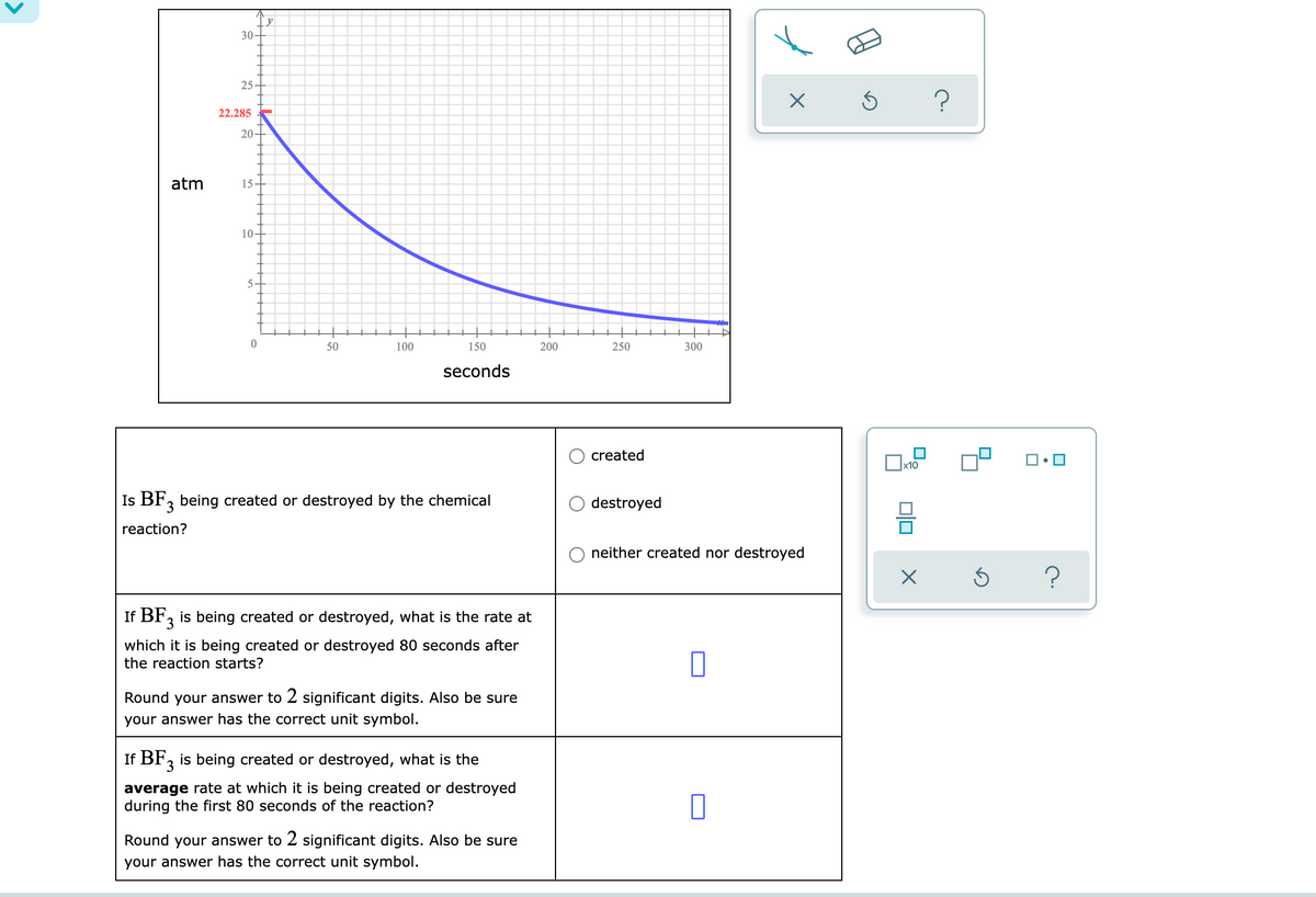 30-
25
22.285
20
atm
15.
10-
50
100
150
200
250
300
seconds
created
x10
Is BF, being created or destroyed by the chemical
3
destroyed
reaction?
neither created nor destroyed
is being created or destroyed, what is the rate at
If BF3
which it is being created or destroyed 80 seconds after
the reaction starts?
Round your answer to 2 significant digits. Also be sure
your answer has the correct unit symbol.
If BF, is being created or destroyed, what is the
3
average rate at which it is being created or destroyed
during the first 80 seconds of the reaction?
Round your answer to 2 significant digits. Also be sure
your answer has the correct unit symbol.
