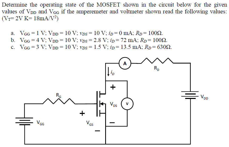 Determine the operating state of the MOSFET shown in the circuit below for the given
values of VDD and VGG if the amperemeter and voltmeter shown read the following values:
(Vr= 2V K= 18mA/V²)
a. VGG = 1 V; VDD = 10 V; vDs = 10 V; ip=0 mA; RD= 1002.
b. VGG = 4 V; VDD = 10 V; vDS = 2.8 V; ip= 72 mA; Rp= 1002.
c. VGG = 3 V; VDD = 10 V; vDS = 1.5 V; ip= 13.5 mA; RD= 6302.
%3D
A
RD
RG
VDD
Vos
+
VGG
VGs
+
