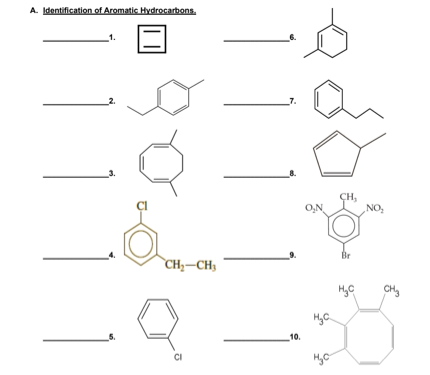 A. Identification of Aromatic Hydrocarbons.
ÇH,
NO,
O,N
Br
CH;-CH3
CH
10.
