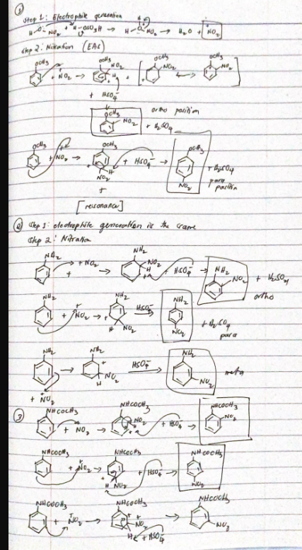 Step 1: Electrophile generation
40
NO
tep 2. Niation (EAC)
ooks
NH₂
NO, →
+ NU₂
NO₂ →
4-000₂H4NO₂ 4₂0 +NO₂
.
-
NACOOKS
colls
FNOG
NHCOCHS
+ 150
+/NO₂ → ²
NH CƯỜN
AA
OCH
-#
NO₂
t
[resonance]
NO₂
->>
Step 1: electrophile generation is the crame
Skp 2 Nitrata
N4₂
Nih
+ NO, →
H
-
4
+
NO₂
19
+ H50₁₂ →
NN₂
#NO₂
NHẠC CH
# NU₂
His
NHCOCK 3
actly
or the position
NO₂₂₂
NHCOCHS
H₂ +150
paty
NO₂
+150-
NH₂
Nc₂
HưOF NHI
NH
+1807
Troy
partin
някост
-NU₂
Willy
-NO₂ + H₂SO₂
ortho
par a
NHCOCHS
meta
NACOCH 3
-NO₂
NHẠCH
-Nu₂