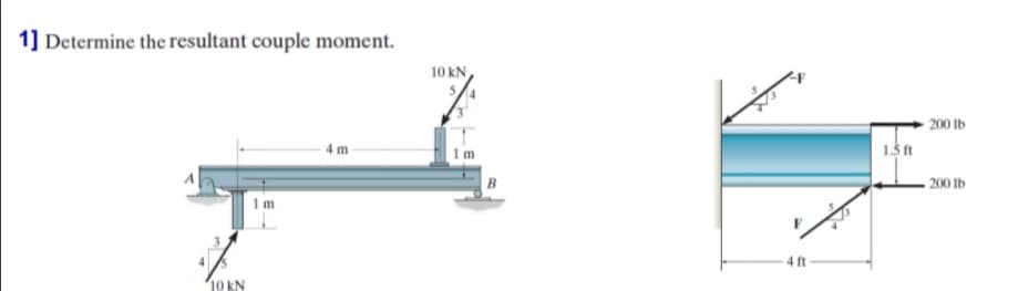 1] Determine the resultant couple moment.
10 kN
- 200 lb
4 m
1m
1.5 ft
B
200 lb
4 ft
10 kN
