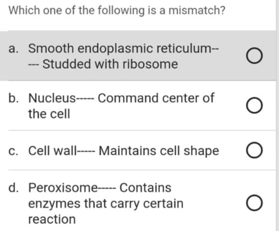 Which one of the following is a mismatch?
a. Smooth endoplasmic reticulum--
--- Studded with ribosome
b. Nucleus---- Command center of
the cell
c. Cell wall-- Maintains cell shape
d. Peroxisome--- Contains
enzymes that carry certain
reaction
