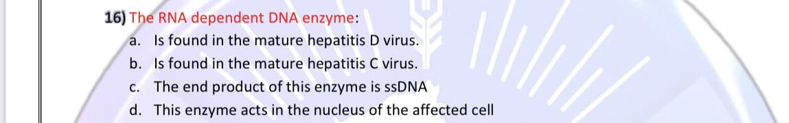 16) The RNA dependent DNA enzyme:
a. Is found in the mature hepatitis D virus.
b. Is found in the mature hepatitis C virus.
c. The end product of this enzyme is ssDNA
d. This enzyme acts in the nucleus of the affected cell
