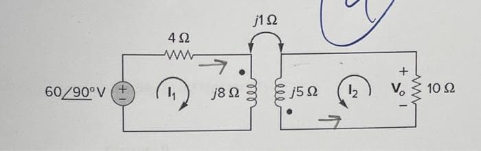 60/90°V
+
4Ω
11
j8 Ω
j1Ω
j5 Ω
12
+
V₂
10 Ω