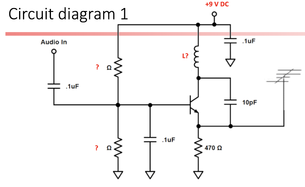 Circuit diagram 1
Audio In
.1uF
? Q.
ww
? Ω
.1uF
L?
www
+9 V DC
470 Ω
.1uF
10pF