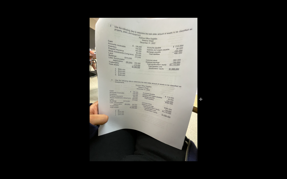 Use the following data to determine the total dollar amount of assets to be classified as
2.
property, plant, and equipment.
Koonce Office Supplies
Balance Sheet
December 31, 2022
$ 210,000
30,000
Cash
Accounts receivable
Inventory
Prepaid insurance
Stock investments (Long-term) 255,000
Land
$ 195,000
150,000
165,000
90,000
Accounts payable
Salaries and wages payable
Mortgage payable
240.000
480,000
Total liabilities
360,000
750.000
$1.110.000
270,000
Buildings
Less: Accumulated
depreciation
Trademarks
Total assets
Common stock
Retained earnings
Total stockholders' equity
Total liabilities and
stockholders' equity
$315,000
(60,000) 255,000
210,000
$1.590.000
$1.590.000
a. $990,000
b. $525,000
C. $735,000
d. $585,000
Use the following data to determine the total dollar amount of assets to be classified as
investments.
3.
Koonce Office Supplies
Balance Sheet
December 31, 2022
195,000
2$
150,000
165,000
90,000
Accounts payable
Salaries and wages payable
Mortgage payable
Total liabilities
Cash
Accounts receivable
Inventory
Prepaid insurance
Stock investments (long-term) 255,000
Land
Buildings
Less: Accumulated
$ 210,000
30,000
240.000
$480,000
270,000
Common stock
Retained earnings
Total stockholders' equity
$315,000
255,000
210.000
$1.590.000
$360,000
750,000
$1.110.000
(60,000)
depreciation
Total liabilities and
Trademarks
stockholders' equity
Total assets
$0
$1.590.000
a.
$525,000
c. $255,000
$465,000
b.
+
