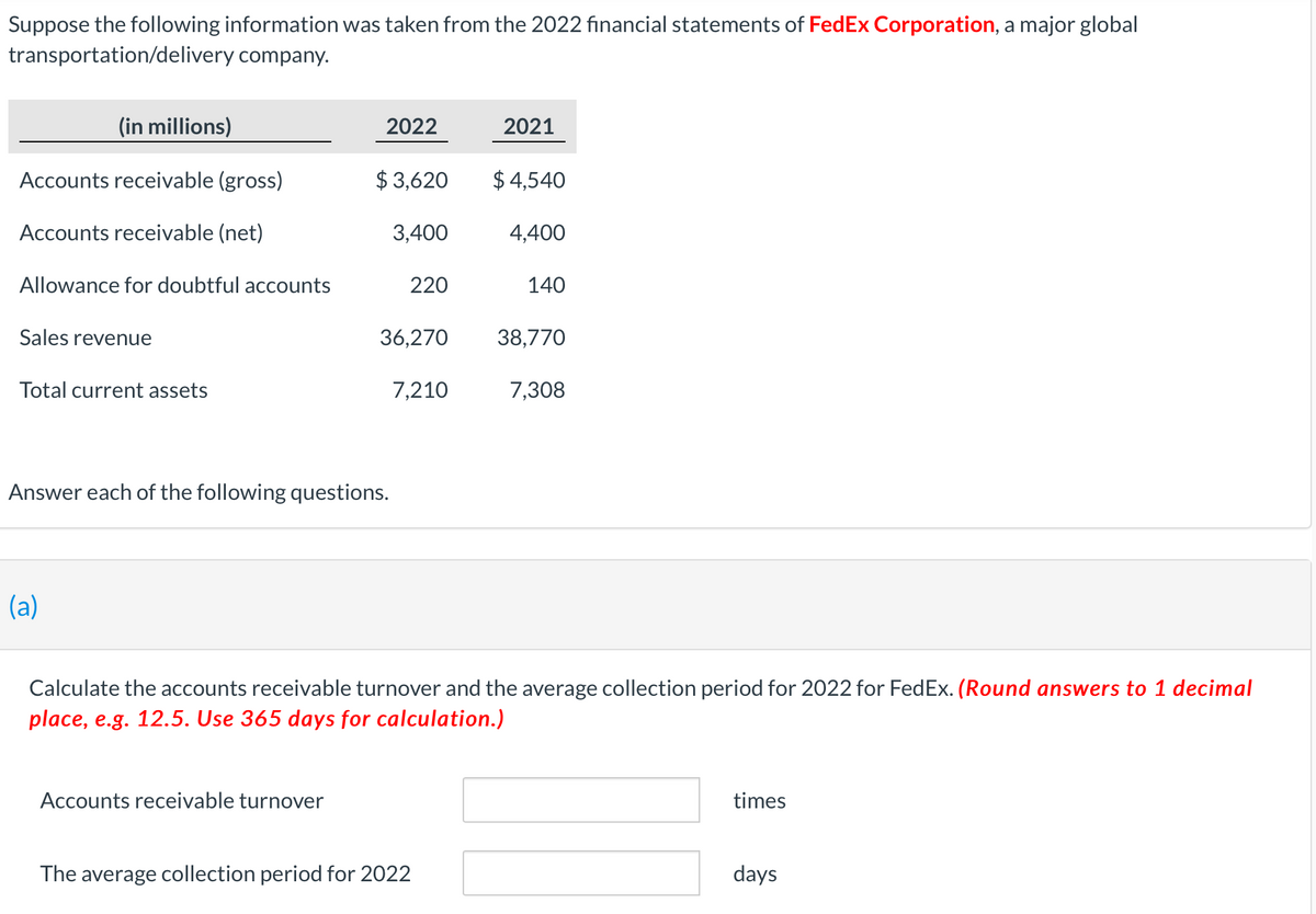 Suppose the following information was taken from the 2022 financial statements of FedEx Corporation, a major global
transportation/delivery company.
(in millions)
2022
2021
Accounts receivable (gross)
$ 3,620
$ 4,540
Accounts receivable (net)
3,400
4,400
Allowance for doubtful accounts
220
140
Sales revenue
36,270
38,770
Total current assets
7,210
7,308
Answer each of the following questions.
(a)
Calculate the accounts receivable turnover and the average collection period for 2022 for FedEx. (Round answers to 1 decimal
place, e.g. 12.5. Use 365 days for calculation.)
Accounts receivable turnover
times
The average collection period for 2022
days
