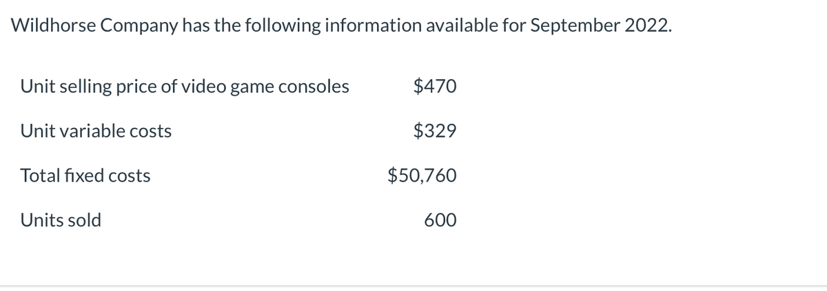 Wildhorse Company has the following information available for September 2022.
Unit selling price of video game consoles
Unit variable costs
Total fixed costs
Units sold
$470
$329
$50,760
600