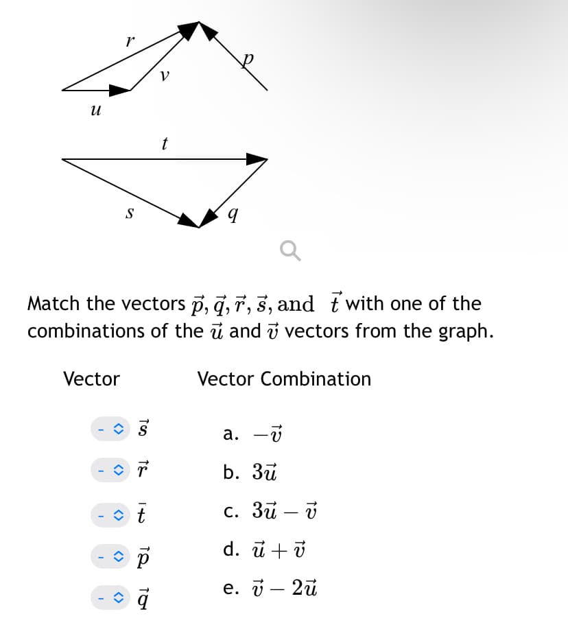 u
V
t
S
q
Q
Match the vectors p, q, r, s, and with one of the
combinations of the ū and v vectors from the graph.
Vector
TOO
S
TE
-
✰ t
<>
<>
12
Vector Combination
a. -v
b. 3ū
c. 3u – v
-
d. uv
e. v-2ū