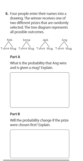 8. Four people enter their names into a
drawing. The winner receives one of
two different prizes that are randomly
selected. The tree diagram represents
all possible outcomes.
Rob
Sonja
Jack
Ang
T-shirt Mug T-shirt Mug T-shirt Mug T-shirt Mug
Part A
What is the probability that Ang wins
and is given a mug? Explain.
Part B
Will the probability change if the prize
were chosen first? Explain.
