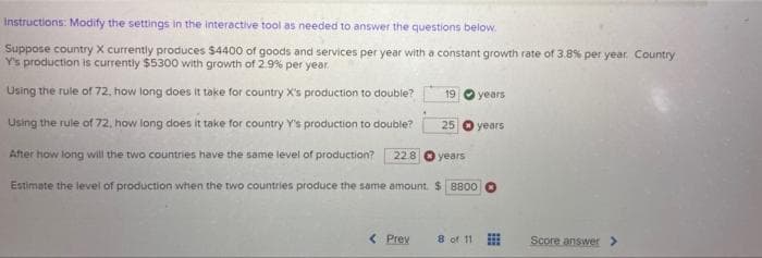 Instructions: Modify the settings in the interactive tool as needed to answer the questions below.
Suppose country X currently produces $4400 of goods and services per year with a constant growth rate of 3.8% per year, Country
Y's production is currently $5300 with growth of 2.9% per year.
Using the rule of 72, how long does it take for country X's production to double?
19 O years
Using the rule of 72, how long does it take for country Y's production to double?
25
years
After how long will the two countries have the same level of production?
22.8
years
Estimate the level of production when the two countries produce the same amount. $ 8800
< Prev
8 of 11
Score answer >
