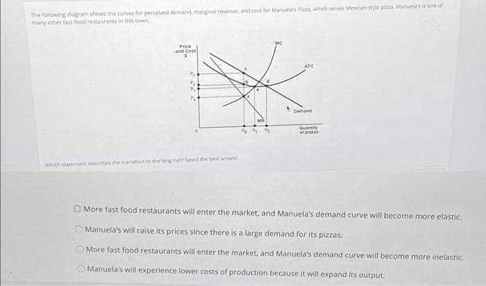 The folowing diagram shows the curves for perceived demand, marginal revenue, and cost for Manuela's Pizza, which serves Mexican-style pizza. Manuela's is one of
many other fast food restaurants in this town.
MC
Price
and Cost
ATC
Demand
Quantity
of piezas
Which statement describes the transibon to the long nun? Select the best answer.
O More fast food restaurants will enter the market, and Manuela's demand curve will become more elastic.
Manuela's will raise its prices since there is a large demand for its pizzas.
O More fast food restaurants will enter the market, and Manuela's demand curve will become more inelastic.
Manuela's will experience lower costs of production because it will expand its output.
