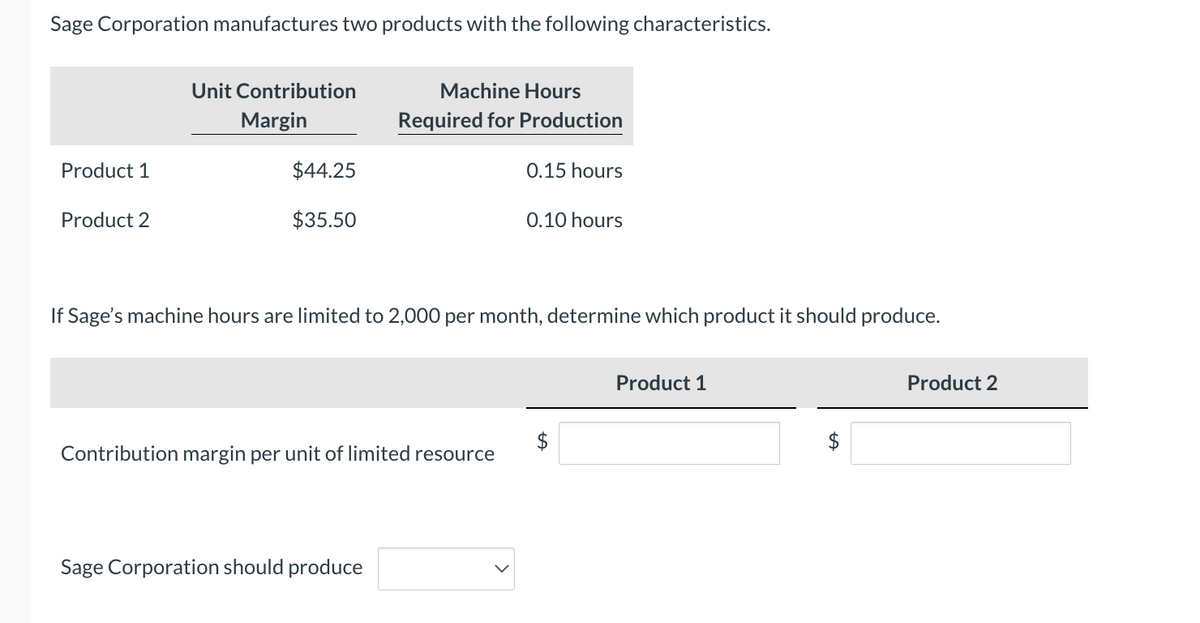Sage Corporation manufactures two products with the following characteristics.
Unit Contribution
Machine Hours
Margin
Required for Production
Product 1
$44.25
0.15 hours
Product 2
$35.50
0.10 hours
If Sage's machine hours are limited to 2,000 per month, determine which product it should produce.
Product 1
Product 2
$
Contribution margin per unit of limited resource
Sage Corporation should produce
