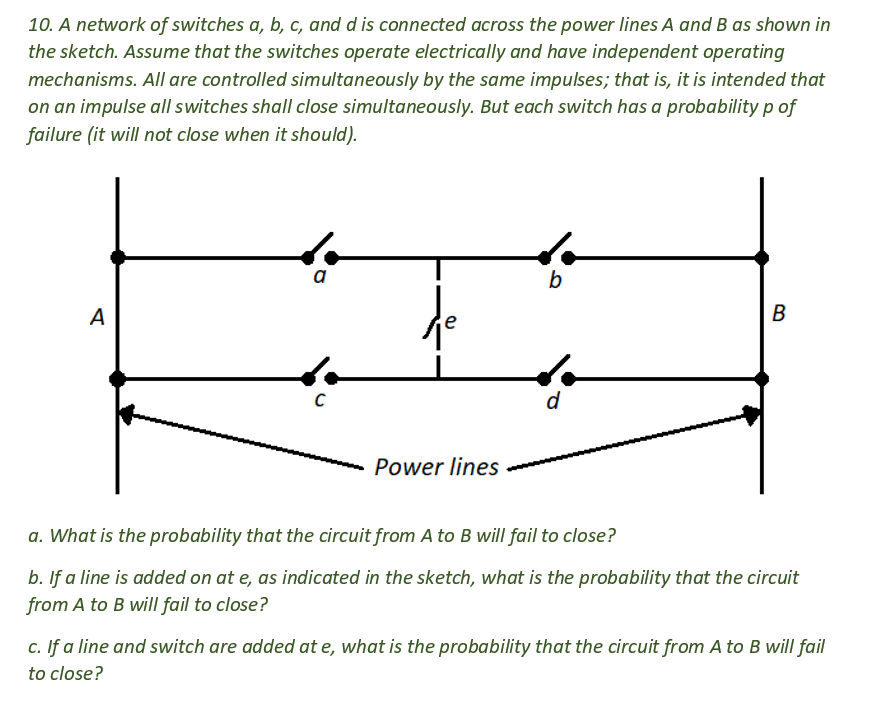 10. A network of switches a, b, c, and d is connected across the power lines A and B as shown in
the sketch. Assume that the switches operate electrically and have independent operating
mechanisms. All are controlled simultaneously by the same impulses; that is, it is intended that
on an impulse all switches shall close simultaneously. But each switch has a probability p of
failure (it will not close when it should).
A
a
C
de
Power lines
b
d
B
a. What is the probability that the circuit from A to B will fail to close?
b. If a line is added on at e, as indicated in the sketch, what is the probability that the circuit
from A to B will fail to close?
c. If a line and switch are added at e, what is the probability that the circuit from A to B will fail
to close?