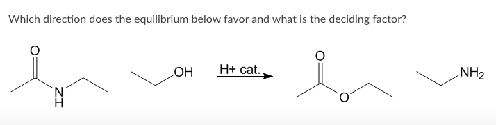 Which direction does the equilibrium below favor and what is the deciding factor?
HO
H+ cat.
NH2
ZI
