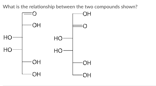 What is the relationship between the two compounds shown?
O:
HO-
HO-
HO
HO
HO
HO
HO-
HO-
HO-
HO-
