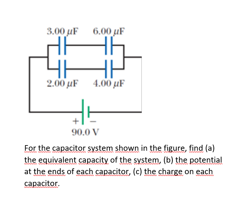 3.00 µF
6.00 µF
2.00 µF 4.00 uF
90.0 V
For the capacitor system shown in the figure, find (a)
the equivalent capacity of the system, (b) the potential
at the ends of each capacitor, (c) the charge on each
ww w w
min
capacitor.
