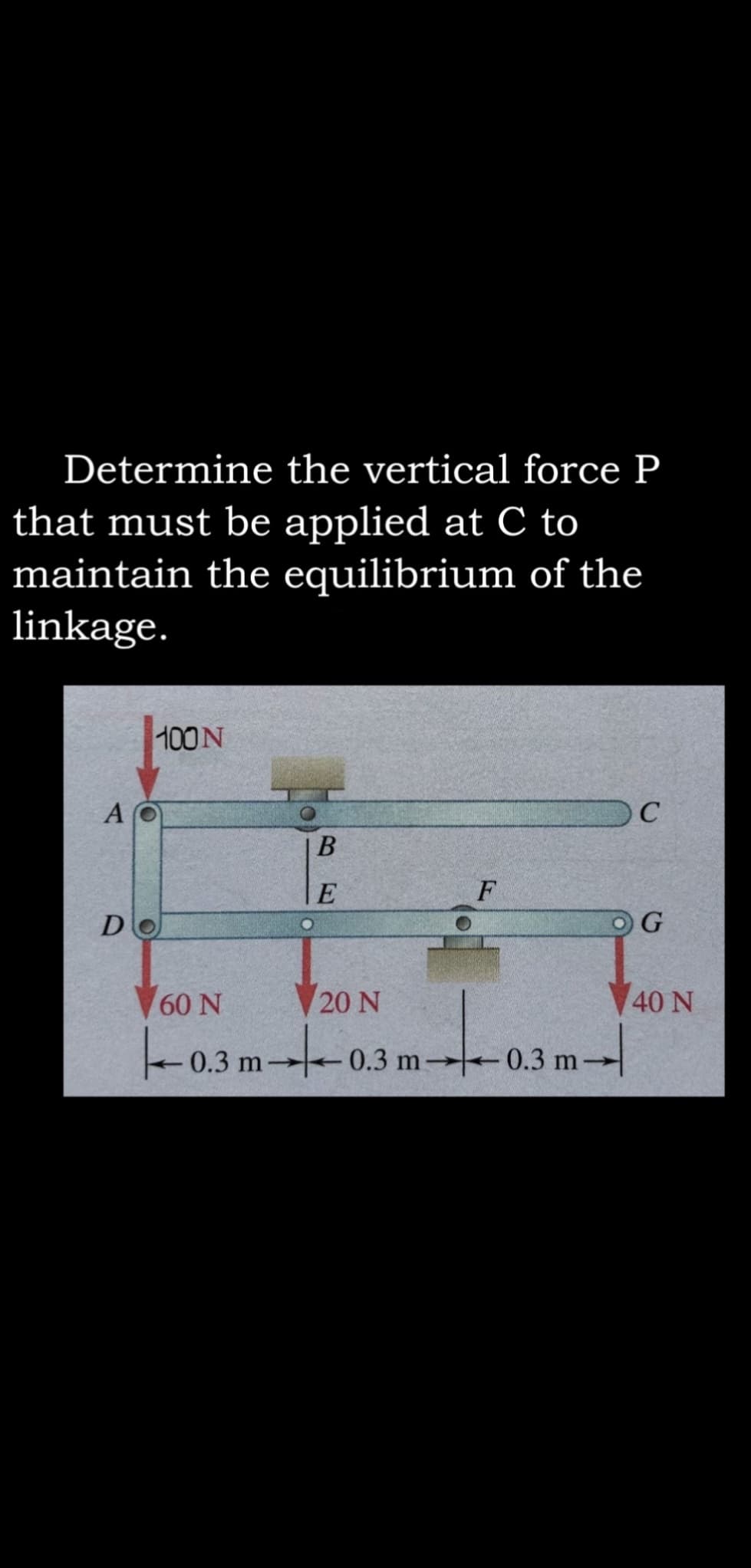 Determine the vertical force P
that must be applied at C to
maintain the equilibrium of the
linkage.
100N
В
DO
G
60 N
20 N
40 N
-0.3 m→0.3 m 0.3 m-
BE
