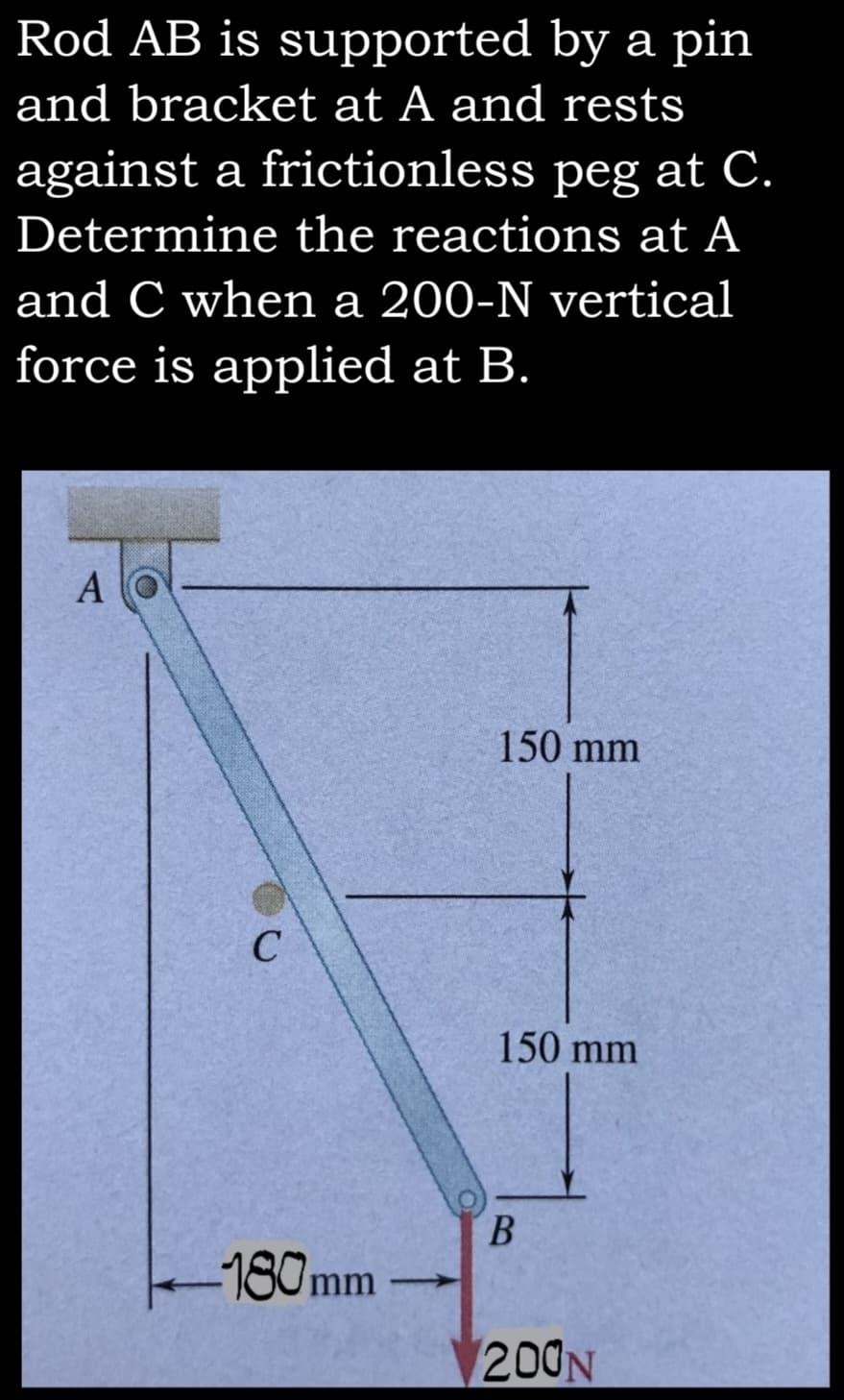 Rod AB is supported by a pin
and bracket at A and rests
against a frictionless peg at C.
Determine the reactions at A
and C when a 200-N vertical
force is applied at B.
A
150 mm
150 mm
-180mm
200N
B.
